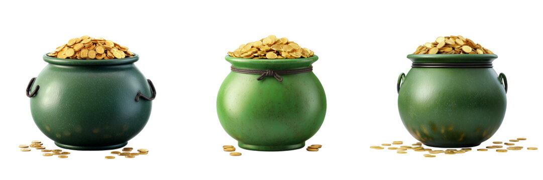 Set of Decorative treasure pot spilling gold coins arranged neatly on transparent png background. Ai generated