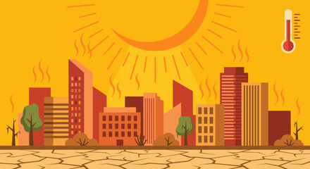 Vector illustration of an urban cityscape suffering from an intense heatwave with a large sun, high temperature thermometer, and cracked dry ground representing climate change