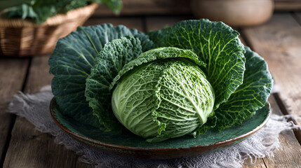 Fototapeta premium Fresh Savoy Cabbage on Rustic Plate and Wooden Table
