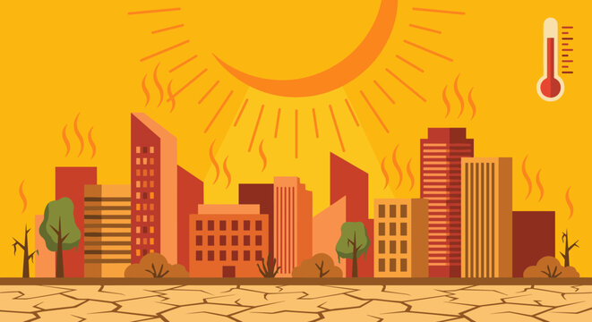 Vector illustration of an urban cityscape suffering from an intense heatwave with a large sun, high temperature thermometer, and cracked dry ground representing climate change