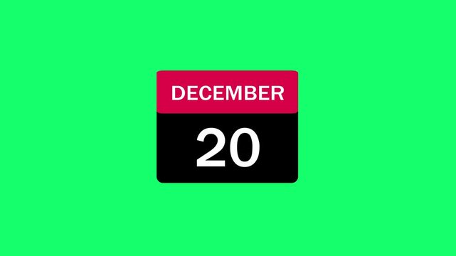 Professional minimalist flat design calendar icon displaying the date December 20 with a red header and black body, isolated on a vibrant bright green background, ideal for seasonal winter holiday eve