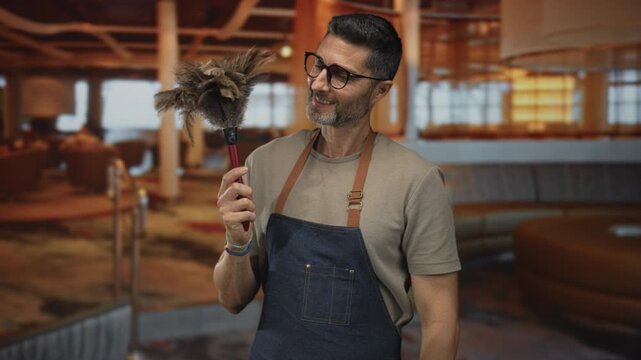 Man holds feather duster and smiles wearing apron in hotel building lobby, visible hand grip and glasses; quiet pride.