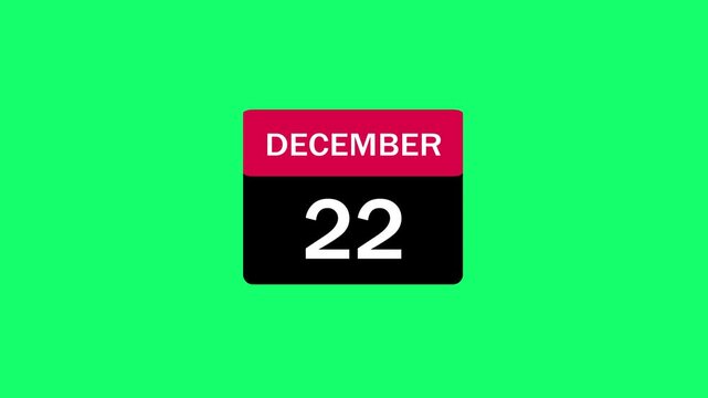 A minimalist flat design calendar icon displaying December 22 with a red header and black body set against a vibrant bright green background, perfect for holiday planning and winter event scheduling.