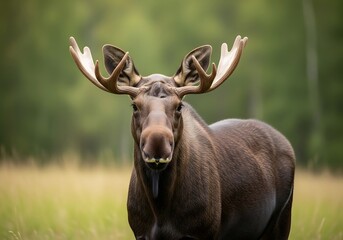 Majestic moose with large antlers stands in a grassy field.