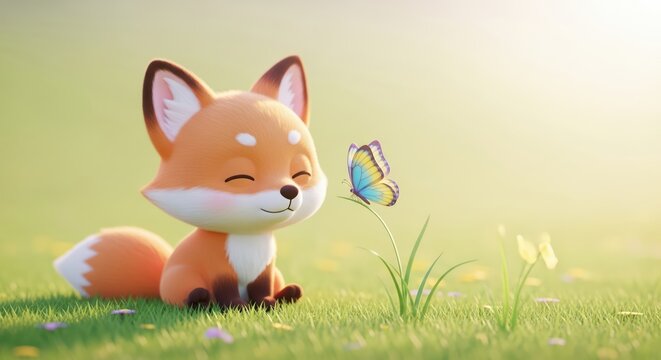 Charming red fox enchanted by butterfly sitting on grass in a sunny meadow
