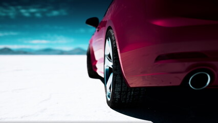 Bright red car stands out against a vast salt flat, reflecting the sunlight. The blue sky enhances the scene, showcasing wilderness and tranquility in an open landscape. © icetray