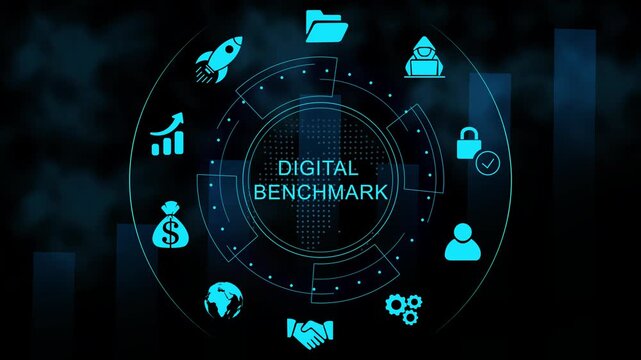 Futuristic Digital Benchmark Dashboard Interface Technology, Internet and network concept, Tech Performance Panel , Digital Data Analytic HUD glowing 4k graph background animation video