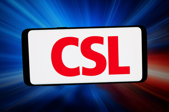 Stuttgart, Germany - 02-23-2026: In this photo illustration, the logo of biotechnology company CSL Limited is displayed on a smartphone in front of abstract background on computer screen.