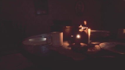 A cozy dining table is softly illuminated by candles, creating a warm atmosphere. Plates, a cup, and flickering light edges define an inviting evening setting, perfect for intimate gatherings.