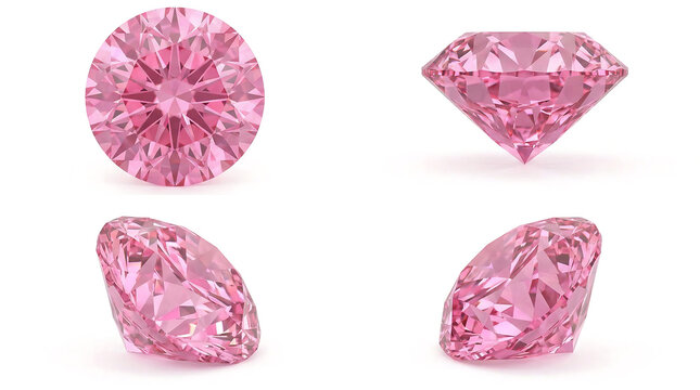 Four pink diamonds in different shapes and cuts on a white background, showcasing their unique facets and sparkling beauty.