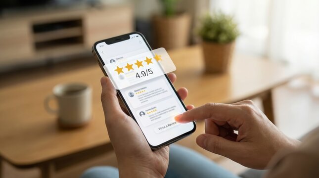 Customer leaving 5 star review on mobile app