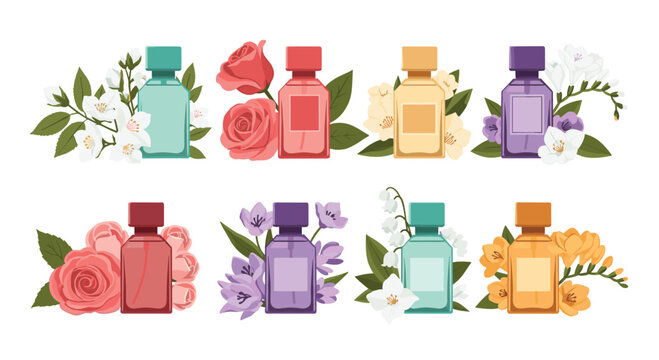 Eight colorful perfume bottles in two rows are surrounded by floral arrangements of roses jasmine and lilies on a plain white background.