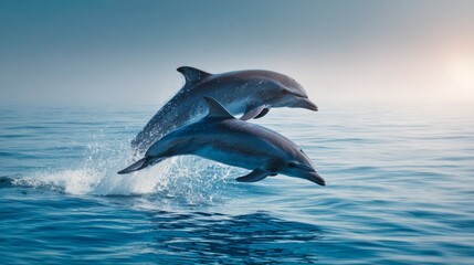 Two dolphins leaping together above calm blue ocean with soft sunlight and peaceful horizon