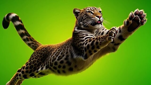 Dynamic Leopard in Motion with Green Background, Captivating Wildlife Scene for Nature Enthusiasts and Animal Lovers