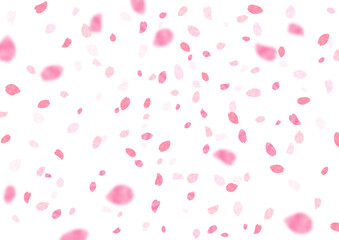 Fototapeta premium 水彩風の柔らかな桜 梅の花びらが画面いっぱいに舞い散る春の背景ベクターイラスト素材 入学式や卒業式にお花見などのイベント広告に最適な白背景の明るく華やかな桜吹雪バックグラウンド