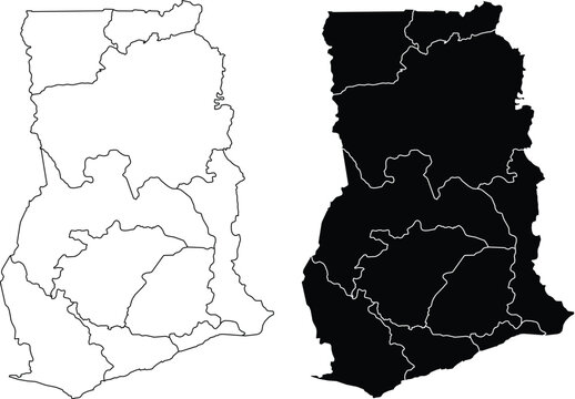 Ghana Map With Regions Outline And Solid Fill silhouette