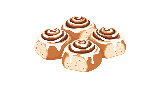 Four golden brown cinnamon rolls with dark swirls and dripping white icing are clustered together on a plain white background.