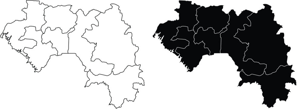 Guinea Map With Regions Outline And Solid Fill silhouette