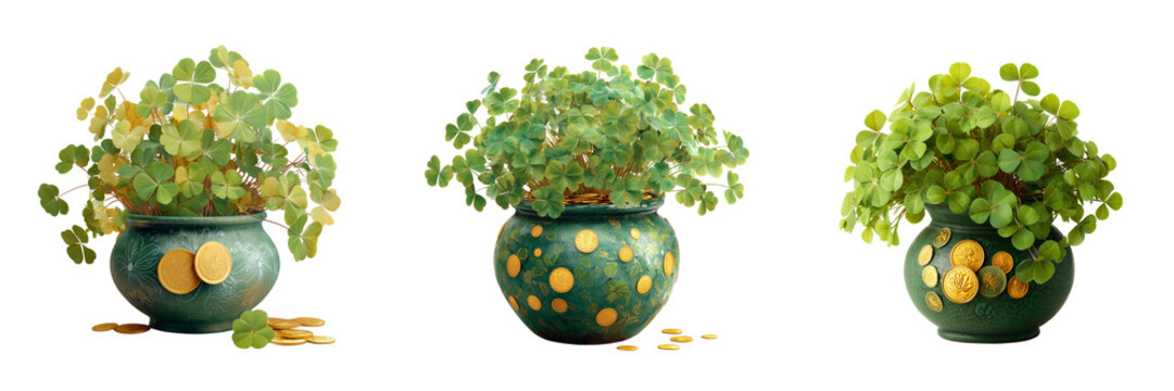 Set of Shiny golden coins overflowing from a classic treasure pot with green four leaf clover leaves on transparent png background. Ai generated