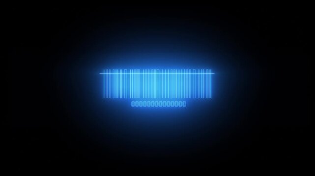 Neon glowing product scanner code, bar code animation with laser beam