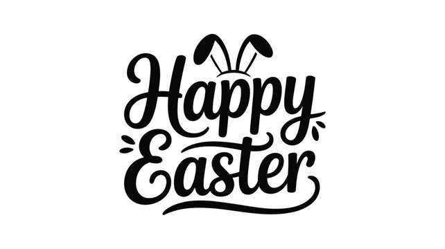 Happy easter greeting lettering design with bunny ears and decorative elements in black on white