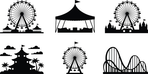Amusement park silhouettes with Ferris wheel, circus tent, roller coaster artwork, fairground decorative design, carnival motif, entertainment theme illustration ©  Miller
