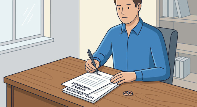 Serious man in a blue shirt signs a legal separation and divorce agreement document at a wooden desk, with two wedding rings placed beside the papers