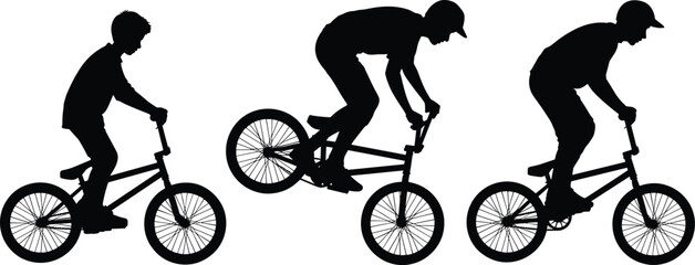 Naklejka premium BMX rider silhouettes performing tricks, cycling jump sequence artwork, extreme sport illustration, dynamic motion design, freestyle biking decorative element