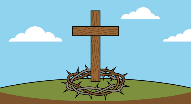 Wooden cross with a crown of thorns at its base stands on a green hill under a blue sky, symbolizing Christian faith and sacrifice in a simple flat vector illustration