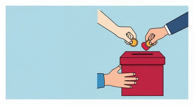 Hands putting coins into a donation box with heart