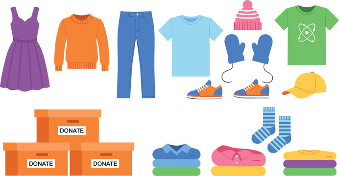 Clothing Donation Vector Set Featuring Apparel, Shoes, Accessories, and Donation Boxes for Charity Campaigns, Social Aid, and Community Design Projects