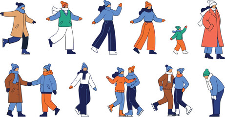 Winter Season People Activity Set with Walking Couples, Ice Skating Friends and Cold