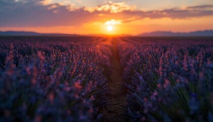 Naklejka premium A serene lavender field at sunset with a dirt path leading to the horizon