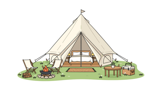 A luxury glamping setup featuring a large cream bell tent with a bed inside on a green lawn with a campfire and wooden outdoor furniture.