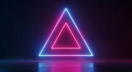 Neon-lit pink and blue triangles glow in dark room with reflective floor