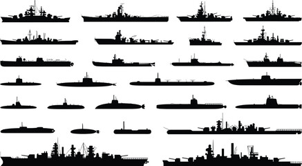 Naval ships and submarines silhouettes, military vessel artwork, battleship illustration design, maritime motif element, warship decorative artwork, fleet silhouette ©  Miller