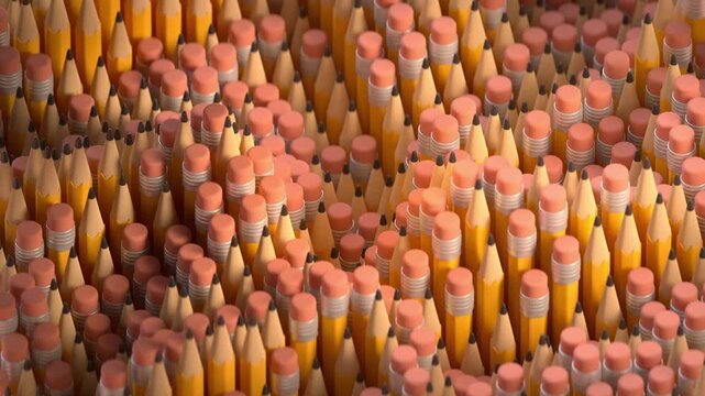 Wave of classic yellow wooden pencils with erasers. Concept of creativity, education, mass production, and organizational harmony. 3D render seamless loop animation