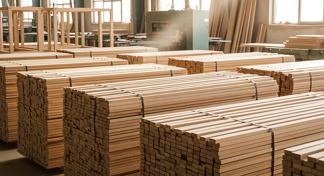Neatly organized pile of natural timber plank and lumber strip inside a professional woodworking manufacturing facility for joinery and furniture production industry