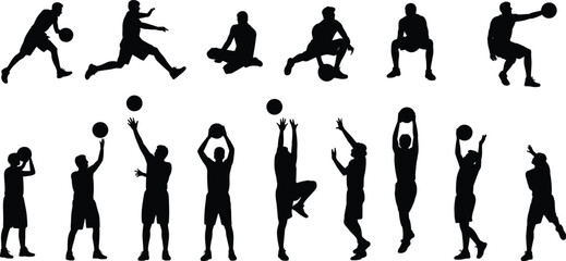 Large collection of black silhouettes featuring male basketball players dribbling shooting jumping and passing balls isolated on white background for sports and athletic competition © PAMILA