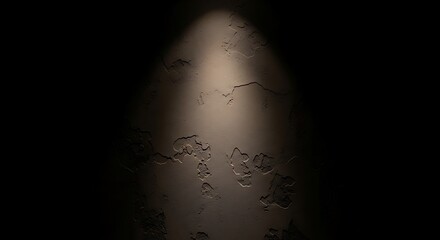 A spotlight shines on a textured wall with cracks in a dark room