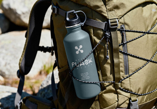 Metal Flask Mockup on Hiking Backpack