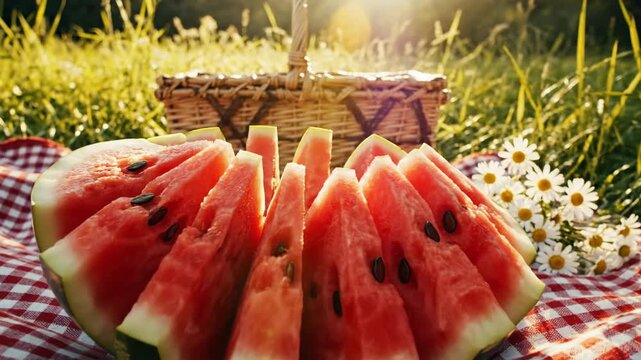 Juicy watermelon slices arranged on a red and white checkered blanket with a picnic basket and daisies in the sunlight