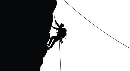 Silhouette of rock climber rappelling down steep cliff face extreme sport adventure mountaineering challenge strength determination and outdoor survival concept isolated on white background © MD SHAHARIR