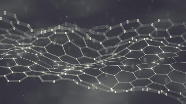 Wavy hexagonal mesh network with glowing nodes. This visual represents concepts of technology, science, connectivity, data, and futuristic engineering or blockchain. 3D render seamless loop animation