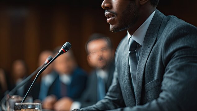 African American Man Testifying at Government Hearing with Microphone.