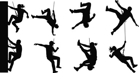 Silhouette set of climbers rappelling and performing dynamic rope maneuvers extreme outdoor adventure sport action poses isolated on white background collection © MD SHAHARIR