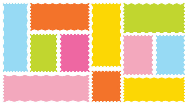 Rectangle shape frame with zigzag edge.  Vector set colorful wavy edge frames. Silhouette stickers circle, square, oval and rectangle labels.