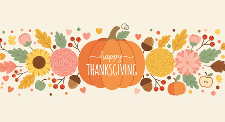 Happy Thanksgiving greeting with autumn flowers and pumpkin decoration. © Abhinaya Project