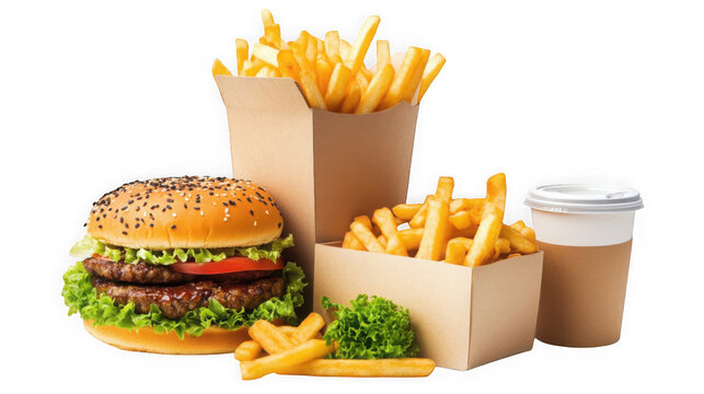 Fast food combo meal with burger fries and coffee on transparent background