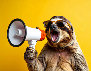 Fototapeta premium Faultier mit Sonnenbrille und Megafon,auf gelben Hintergrund.